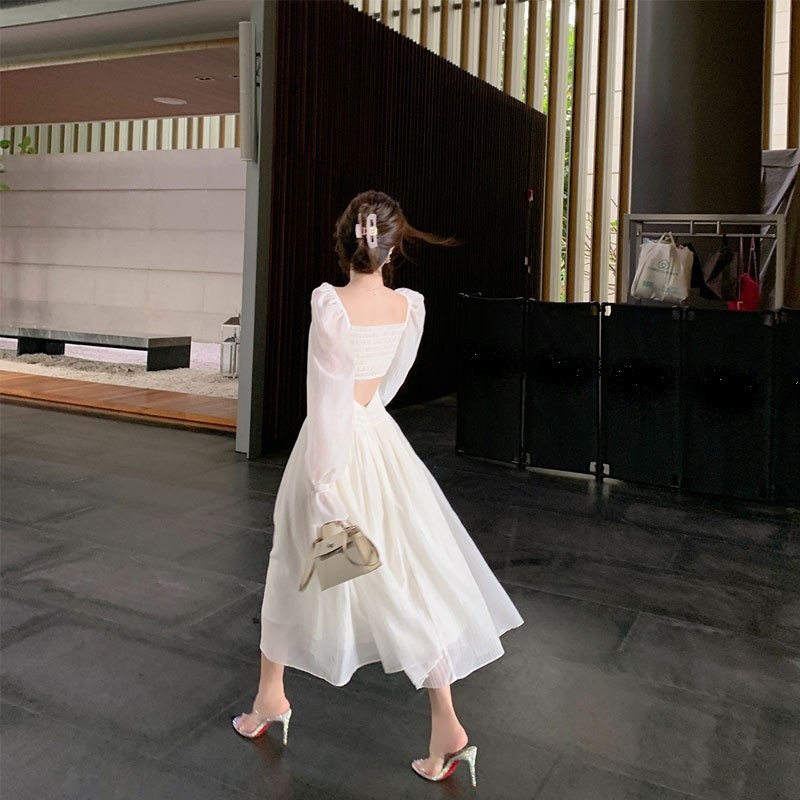 Women's Square Neck White Bubble Sleeved Dress With Waistband Length — изображение 3