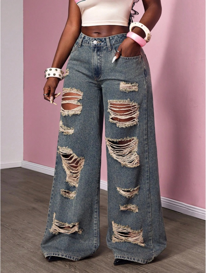 Women's Retro Distressed Kimchi Wide-leg Jeans - Image 4