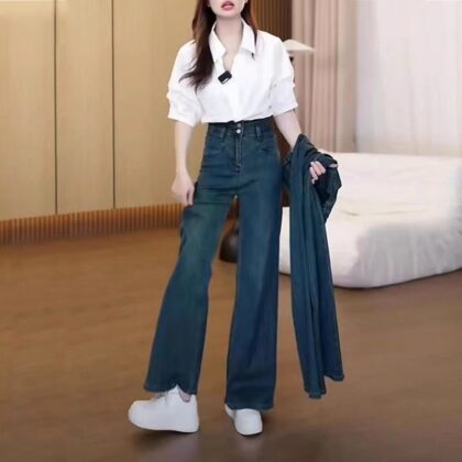 Dark Blue High Waist Drape Denim Wide Leg Pants Retro Pants Slim And Tall Stylish Straight Pants