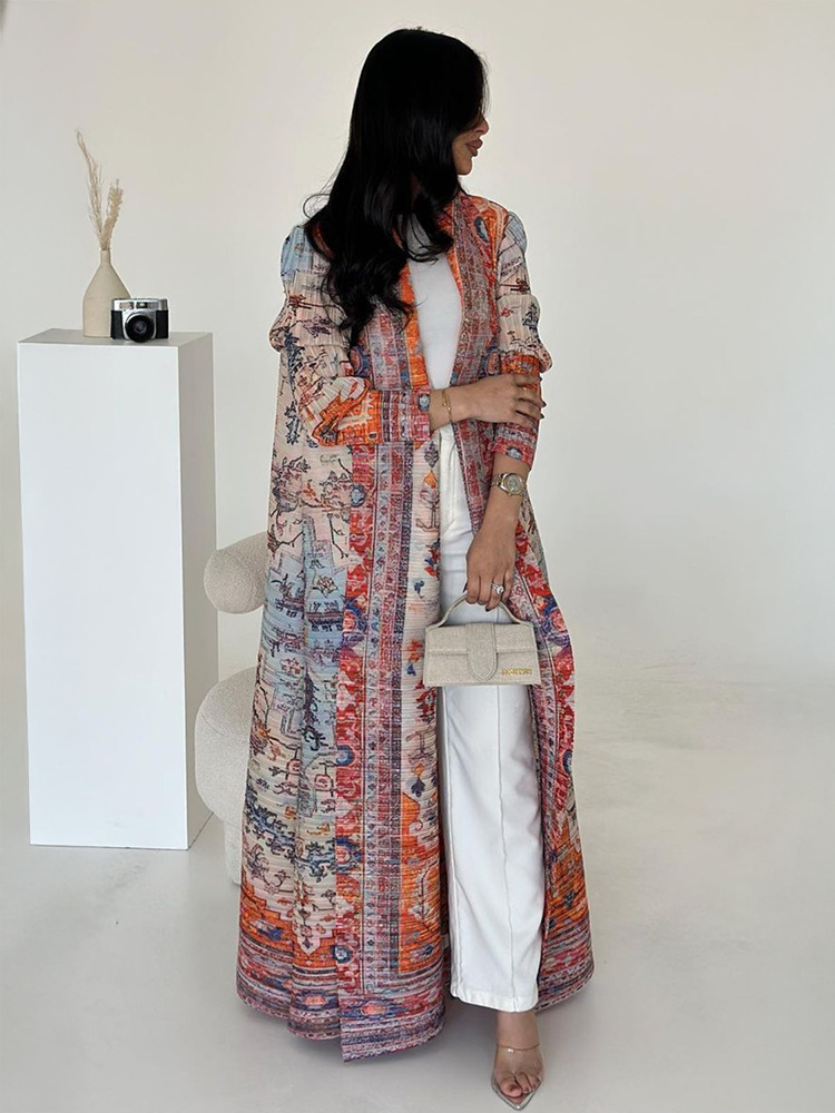 Pleated Print Cardigan Long Coat Arabic Robe Plus Size - Image 7