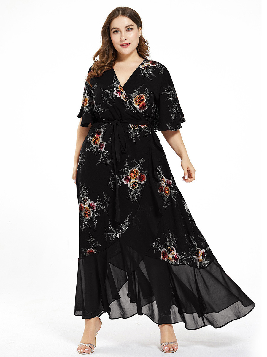 Plus Size Ladies Printed Chiffon Panel Fashion Dress - Image 3