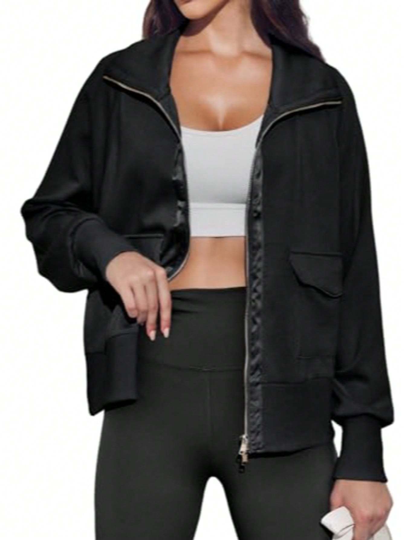 Fisoew Women's Zip Up Sweatshirt Collared Neck Long Sleeve Loose Casual Lightweight Jacket With Pockets - Image 6