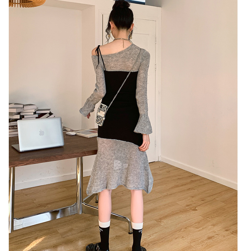 Women's Fashion Splicing Irregular Fishtail Wool Knitted Halter Dress – Bild 2