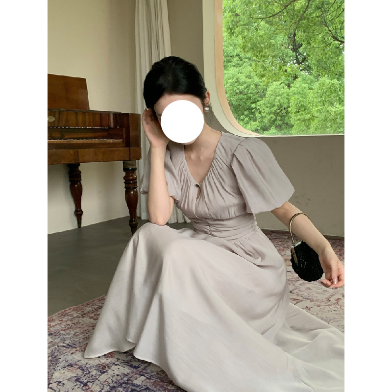 Women's Summer Retro Waist Puff Sleeves Pleated French Mid-Length Princess Dress — изображение 4