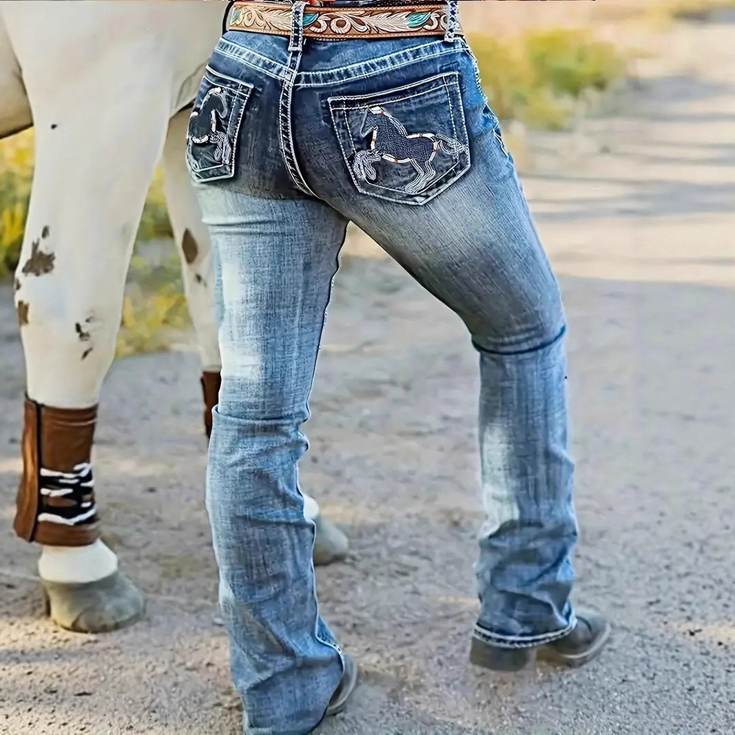 Hatchet Man Embroidery Women's High Waist Stretch Heavy Industry Washed Denim Straight-leg Trousers – Bild 2