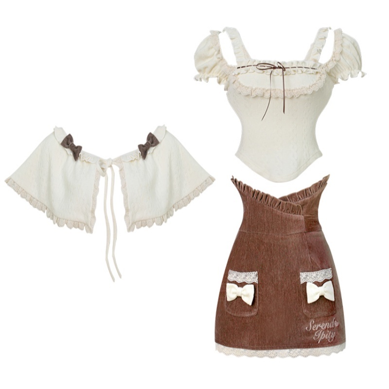 Apricot Knitted Top Brown Hip Skirt Shawl – Bild 6