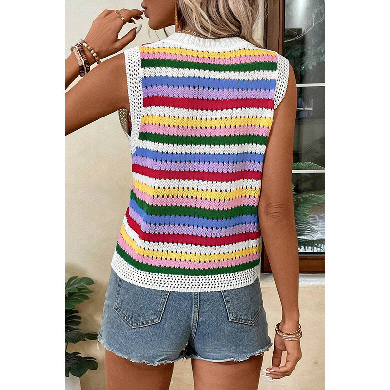 European And American Dopamine Contrast Color Striped Round Neck Pullover - Image 5