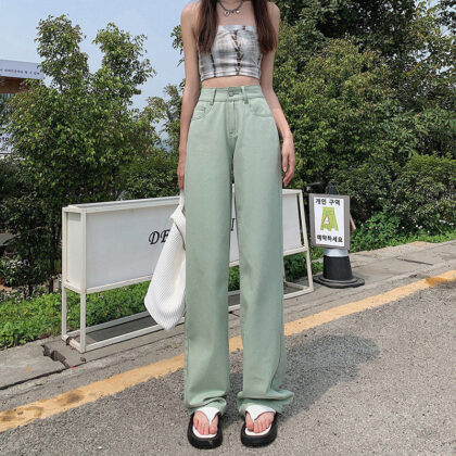 High Waist Drooping Color Loose Straight-leg Denim Women