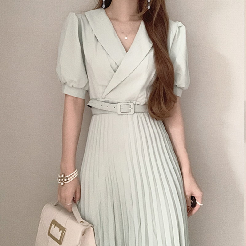 Waist Slim Puff Sleeve Pleated Dress With Belt - Image 2