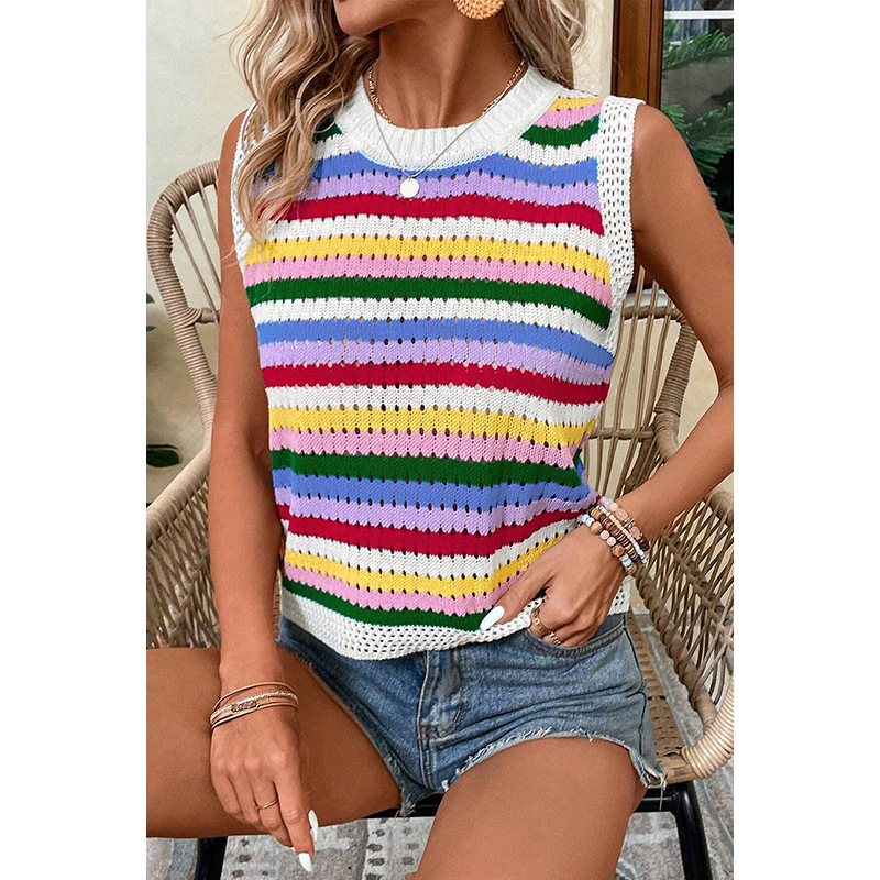 European And American Dopamine Contrast Color Striped Round Neck Pullover - Image 3