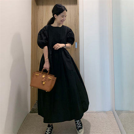 Summer New Style Puff Sleeve Loose Large Size High Waist Over Knee Long Pleated Doll Dress - Image 2
