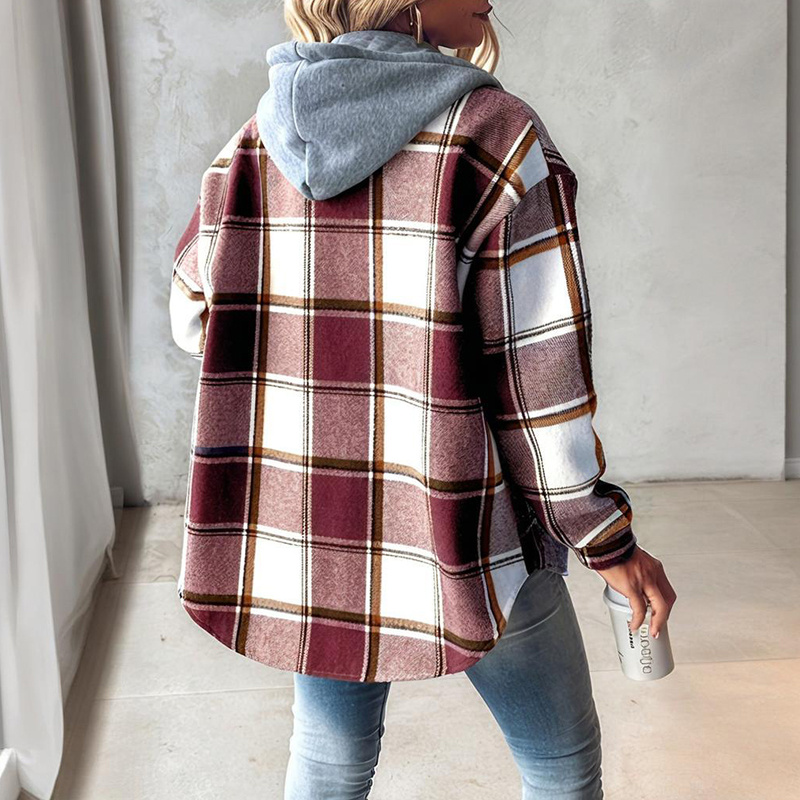 Women's Plaid Hoodie Long Sleeve Jacket Button Drawstring Casual Fall Shirts Shacket With Pocket - Image 6