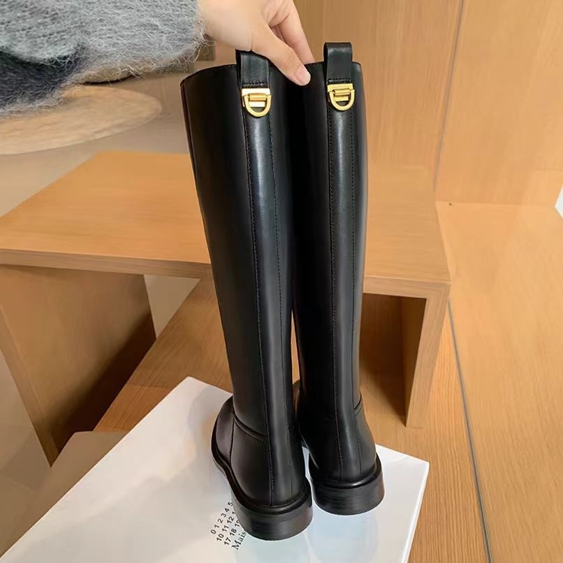 Round Toe Side Zipper Fleece-lined Long Biker Boots Women's Autumn And Winter - Image 2