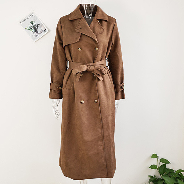 Double Breasted Lapel Shift Coat With Belt Fashion Vintage Suede Long Coat Winter Outwear Women's Clothing - Image 8