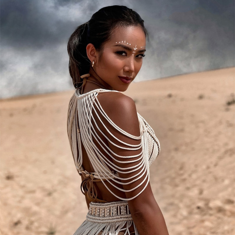 Women's Hand-woven Tassel Dress Creative Beach Travel Sexy Split Chest Wrap – Bild 4