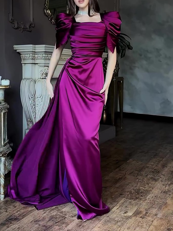 Elegant Puff Sleeve Pleated Slit Maxi Dress - Image 4
