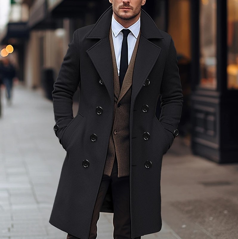 Fall Winter Men Woolen Coat Double Breasted Long - Image 7