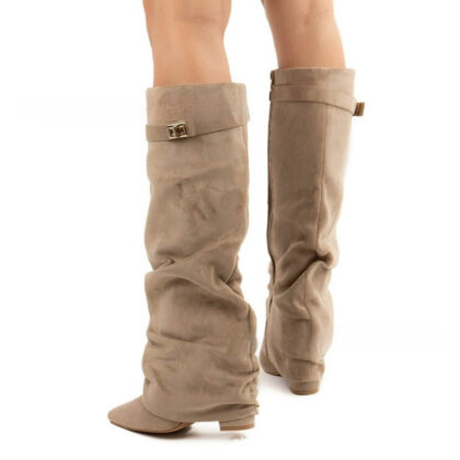 Straight Pleated Metal Buckle Middle Boots Female