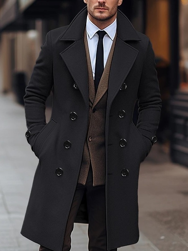 Fall Winter Men Woolen Coat Double Breasted Long - Image 2