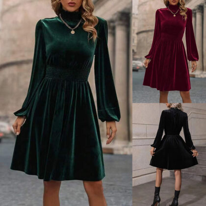 Graceful Stand Collar Solid Color Velvet Long Sleeve Dress