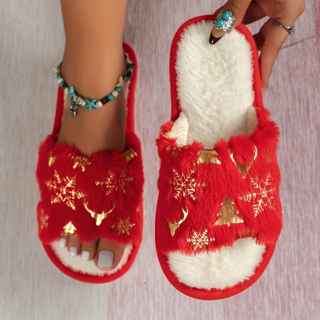 Christmas Plush Closed Toe Open Toe Cotton Slippers - Image 3