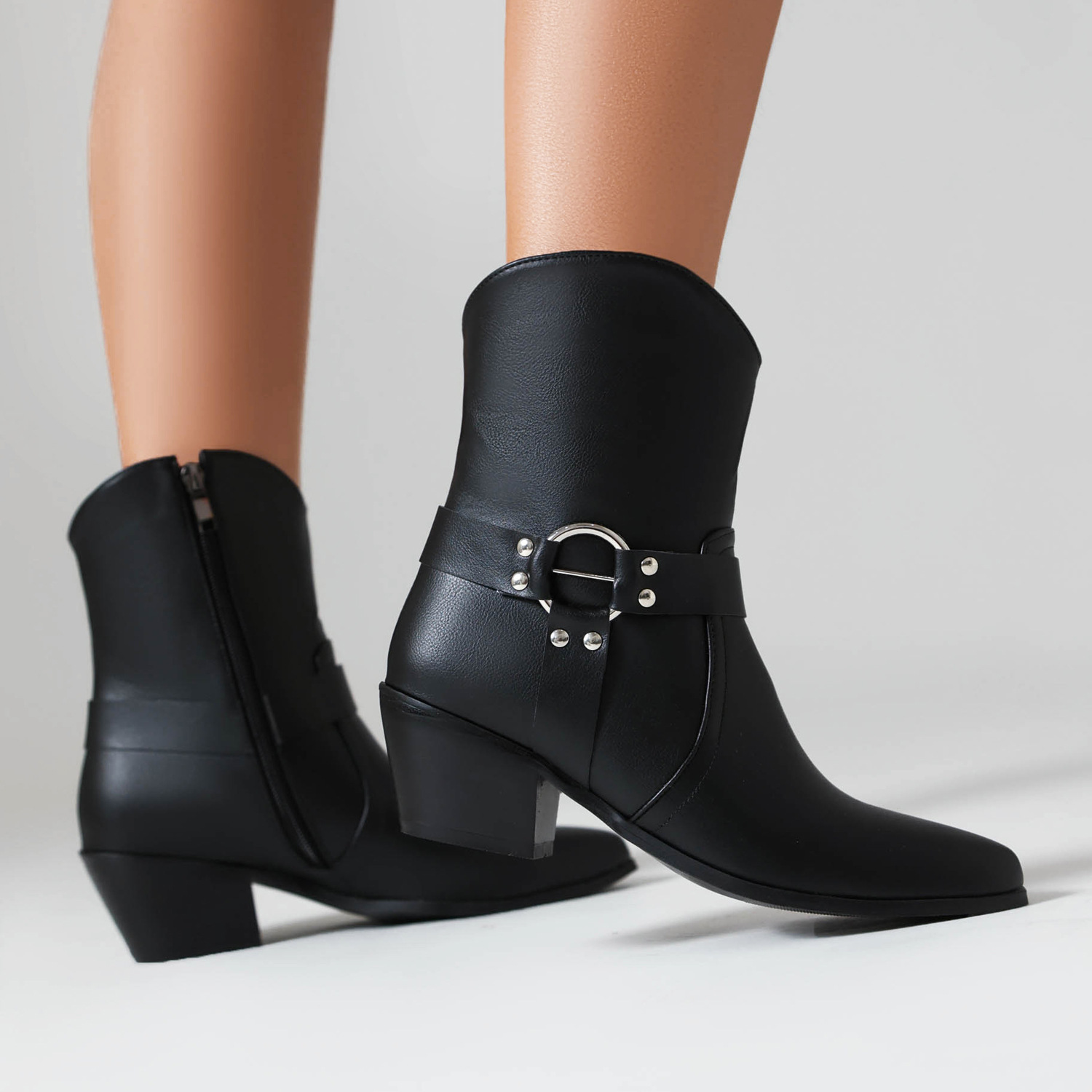 Belt Buckle Chunky Heel Martin Booties - Image 4