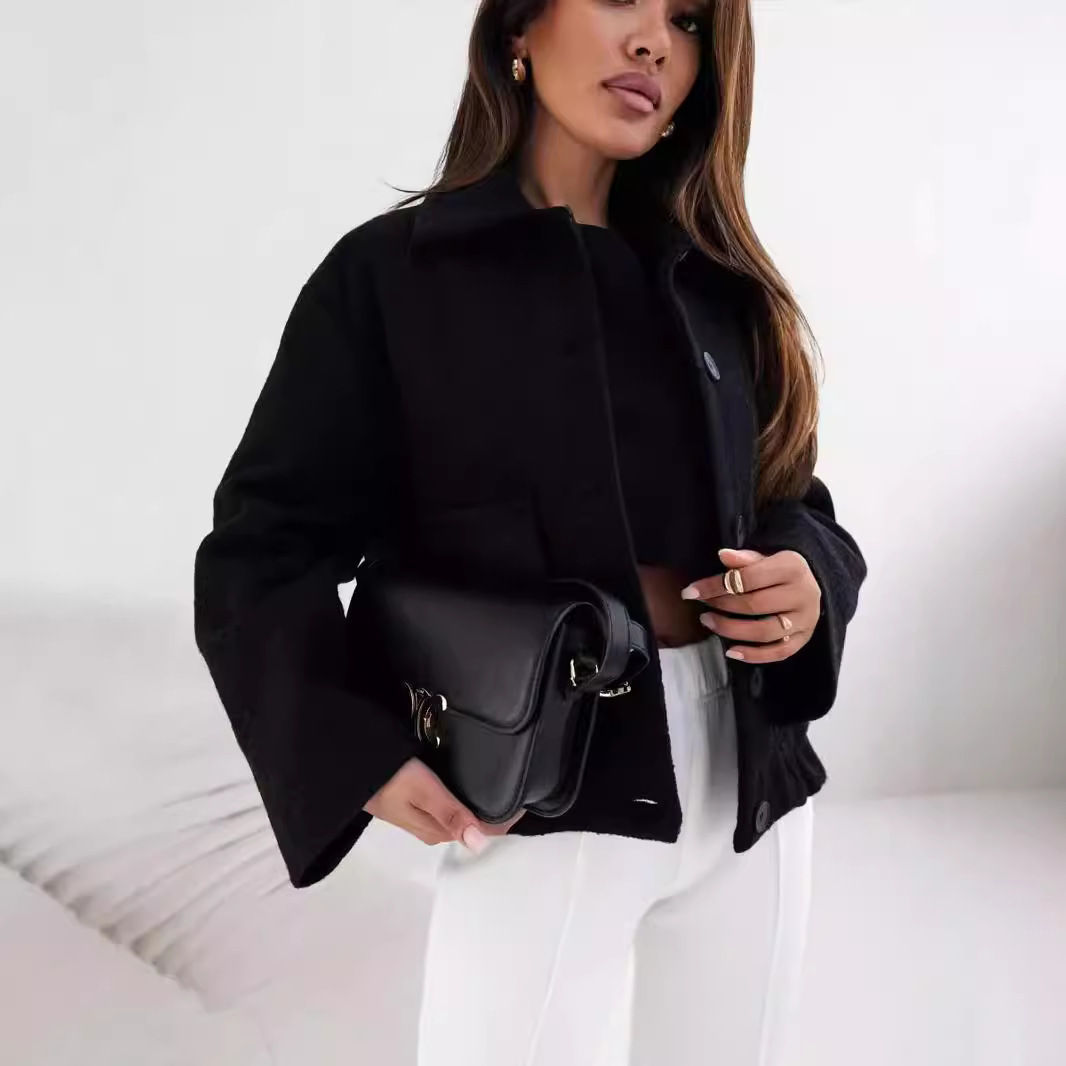 Women's Solid Color Casual Button Woolen Jacket - Image 3