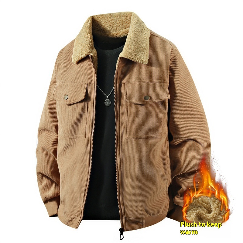 Fleece Corduroy Cotton Coat Jacket Men's Loose Casual Polo Collar Coat - Image 2