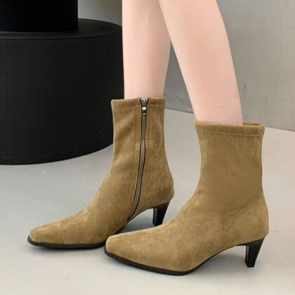 Square Toe High Heel Middle Boots Side Zipper Retro Kitten Heel Booties