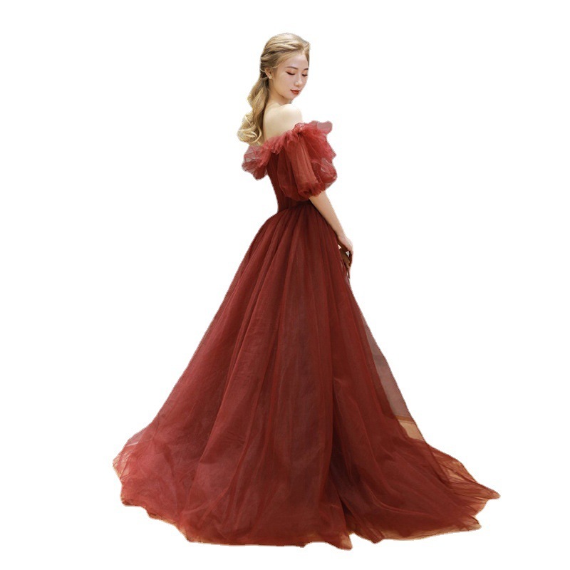 Red Tulle Off Shoulder Full Length Princess Ball Gown - Image 2