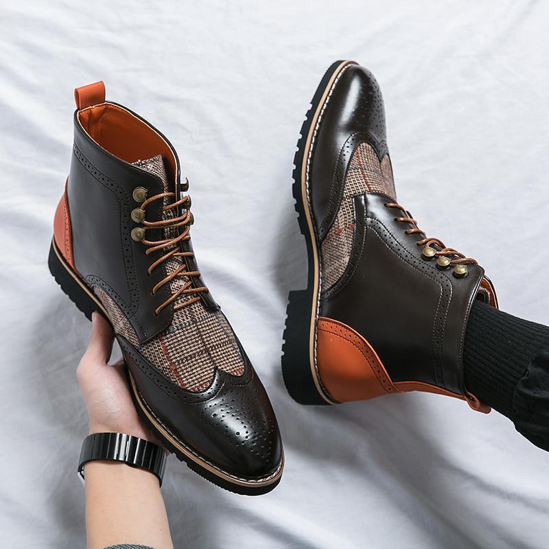 Men's Brogue Vintage Leather Boots British Trend - Image 3
