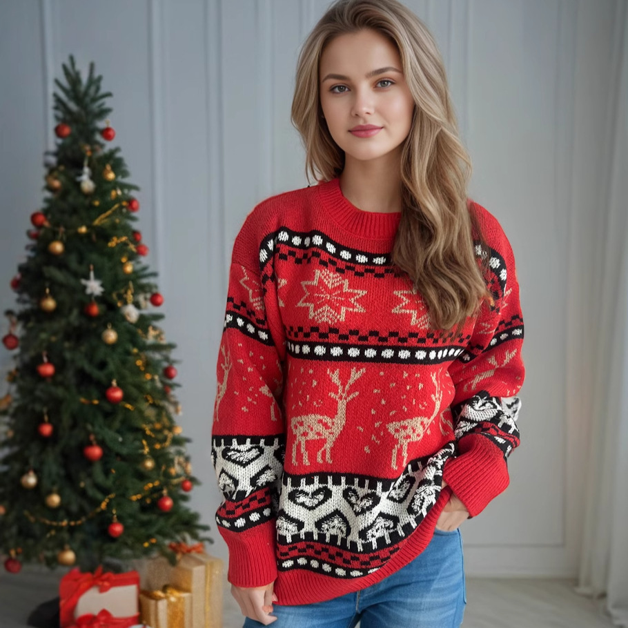 Christmas Casual Red Deer Jacquard Women's Long-sleeved Round Neck Sweater – Bild 6