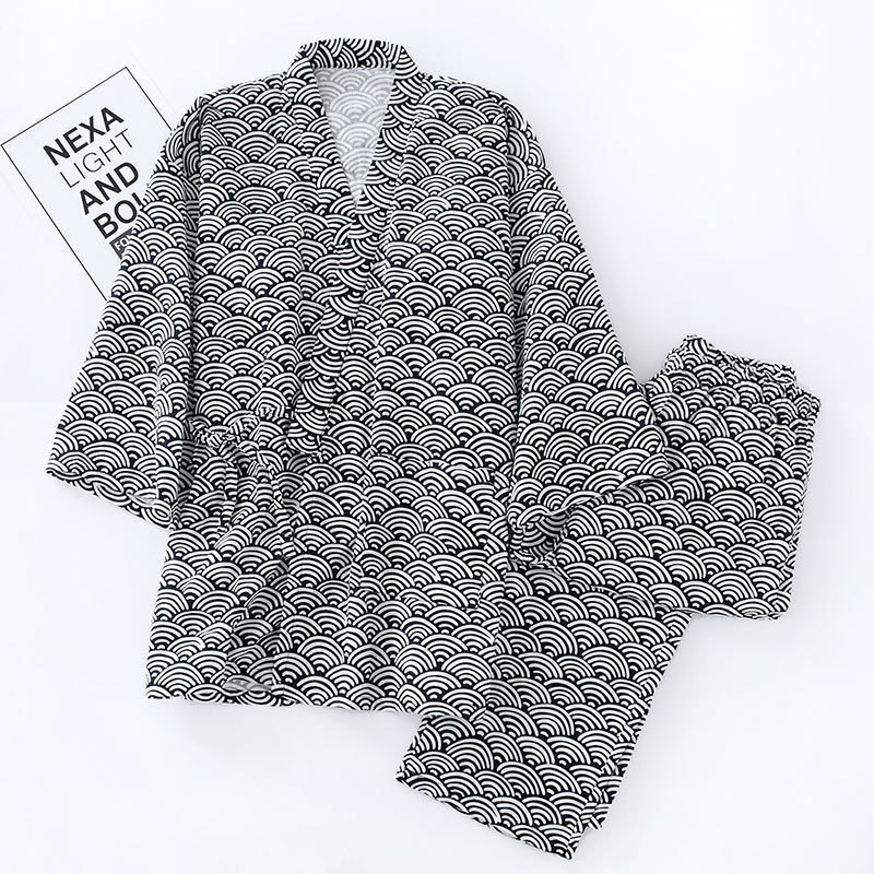 Cotton Double-layer Pajamas Striped Japanese Lace-up Suit - Image 3