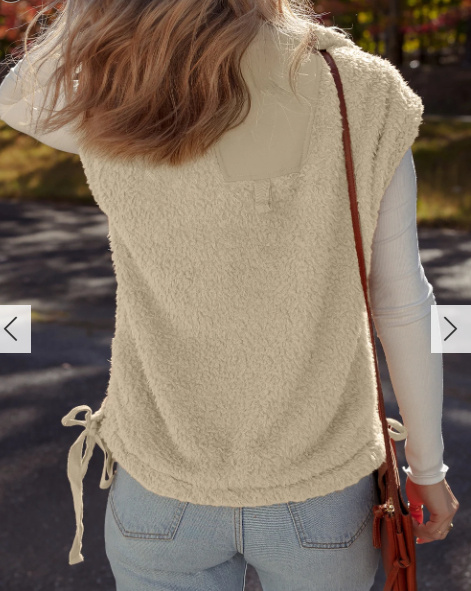 Cinnamon Faux Fur Snap-front Knot Side Plush Vest With Pockets - Image 3