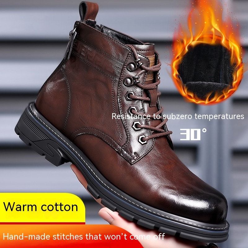 Vintage Fleece-lined Leather Boots Outdoor Keep Warm Men's - Image 4