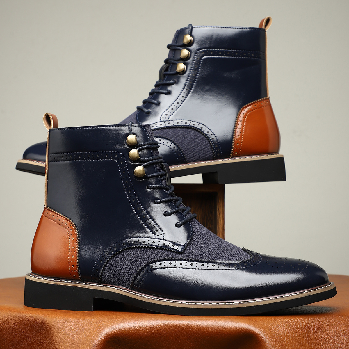 New British Men's High Top Color Blocked Leather Shoes - Image 8