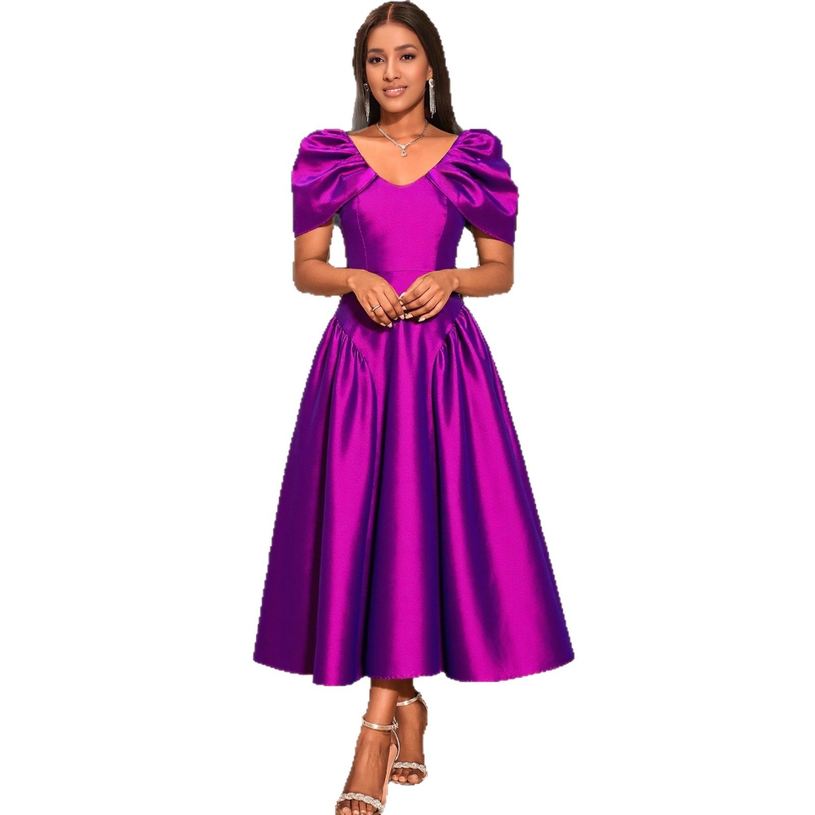 Puff Sleeve Evening Dress A Hem Pleated Banquet Dress — изображение 4