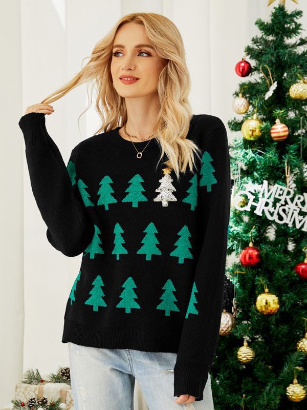 Women's Jacquard Christmas Tree Long Sleeve Red Christmas Sweater – Bild 5