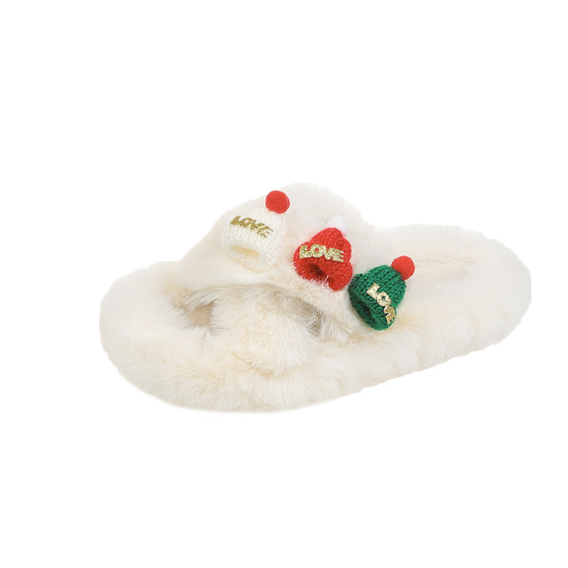 Christmas Hat Fluffy Slippers Women's Warm Toe Covering Cotton Slippers — изображение 7