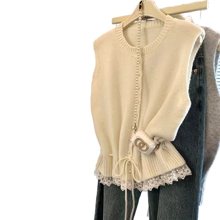 Lace Edge Stitching Soft Glutinous Lace-up Waist-tight Short Temperament Vest - Image 3