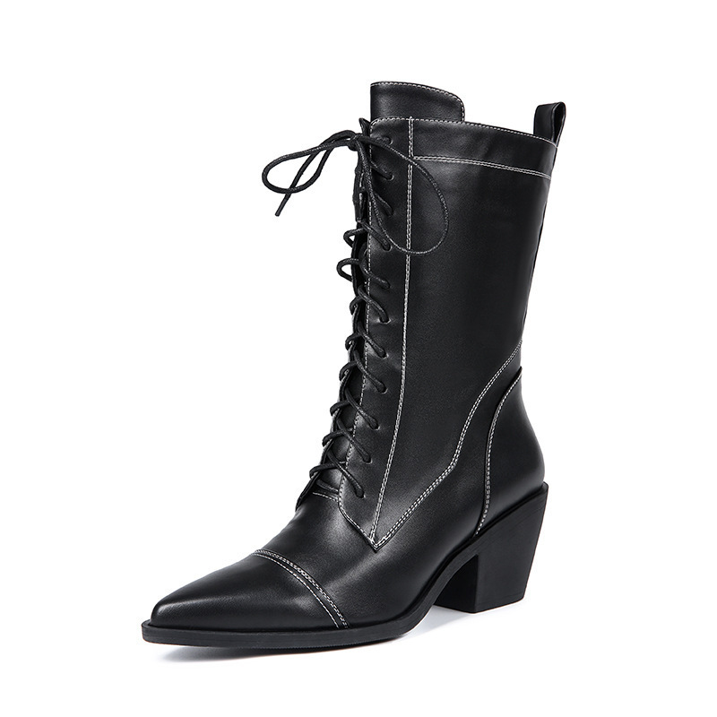 Chunky Heel Waterproof Platform Thick Bottom Fleece-lined High Heel Lace-up Martin Boots - Image 5
