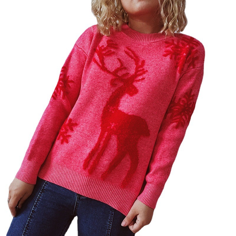 Round Neck Long Sleeve Christmas Sweater Snowflake Deer Jacquard Sweater – Bild 8
