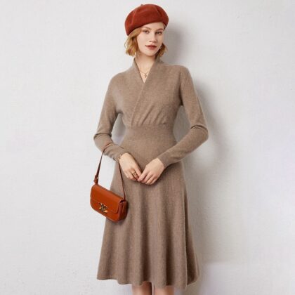 Mid-collar Long Slim Cross Over-the-knee V Cashmere Dress