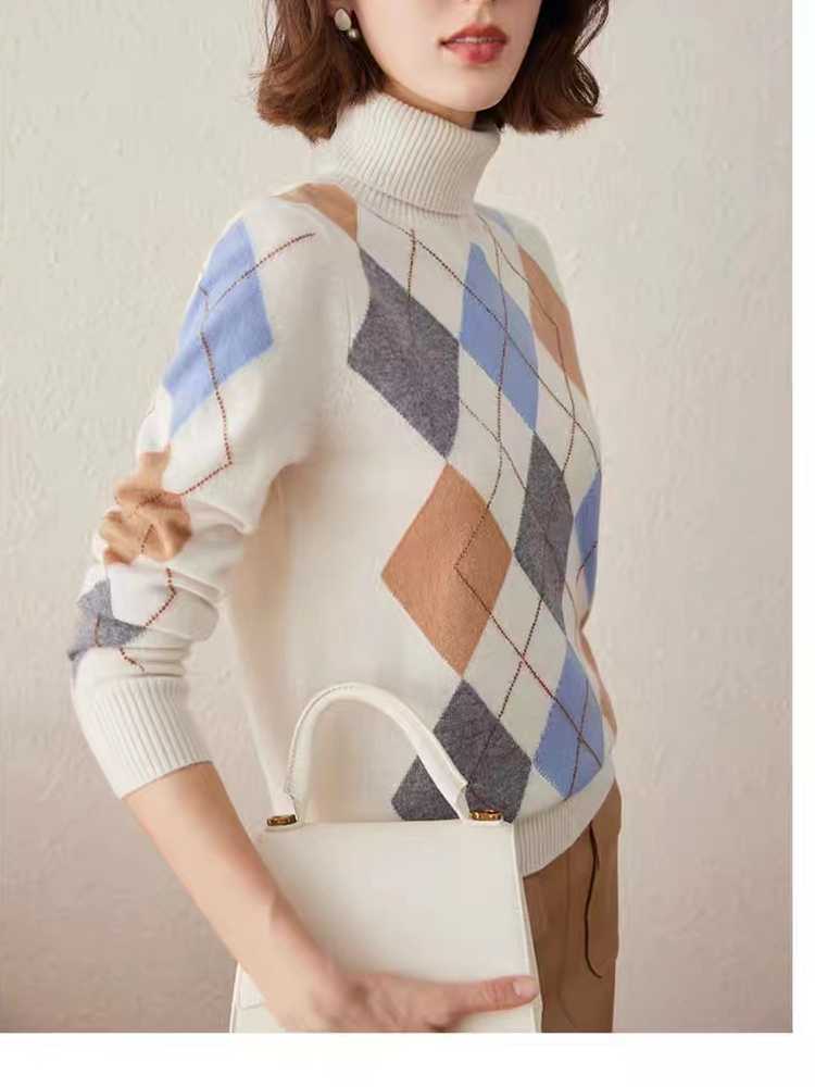 Vintage Diamond Lattice Pure Cashmere High Lapel Inlay Knitted Sweater - Image 2