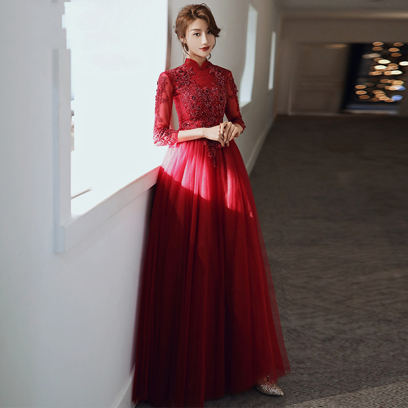 Long Sleeved Wine Red Banquet Temperament