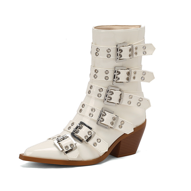 Autumn And Winter Pointed Knight Women's Boots Plus Size Punk Belt Buckle Booties - Image 8