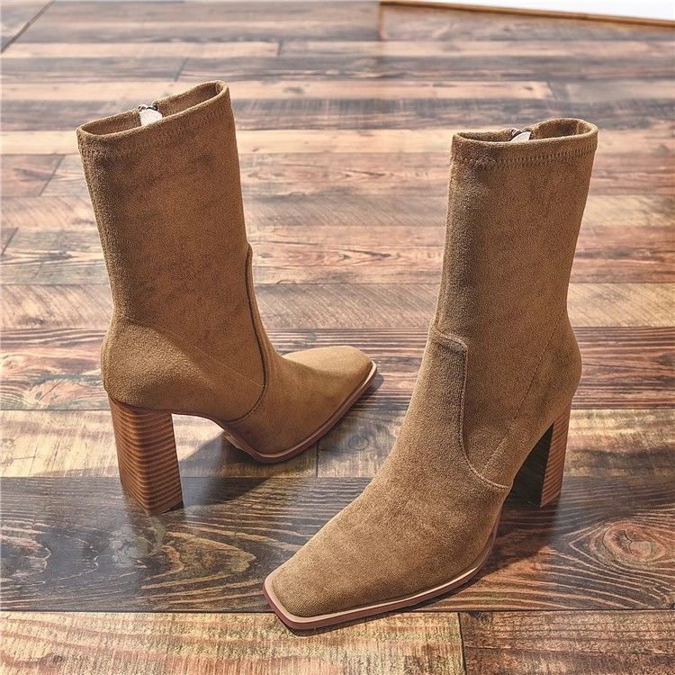 New Square Toe Fleece-lined New Chunky Heel French Boots - Image 4