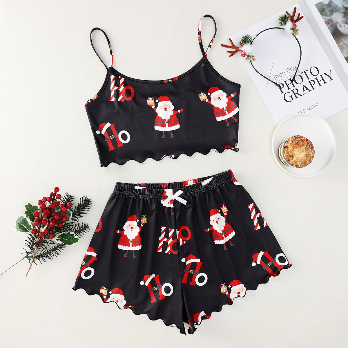 Christmas European And American Thin Pajamas Women's Sleeveless Shorts Milk Silk Simple Casual Two-piece Suit Homewear - Image 2