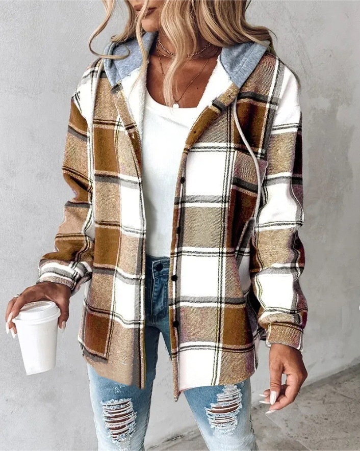 Plaid Hooded Jacket Fashion Casual Button Pocket Coat Autumn And Winter Women's Clothing — изображение 9