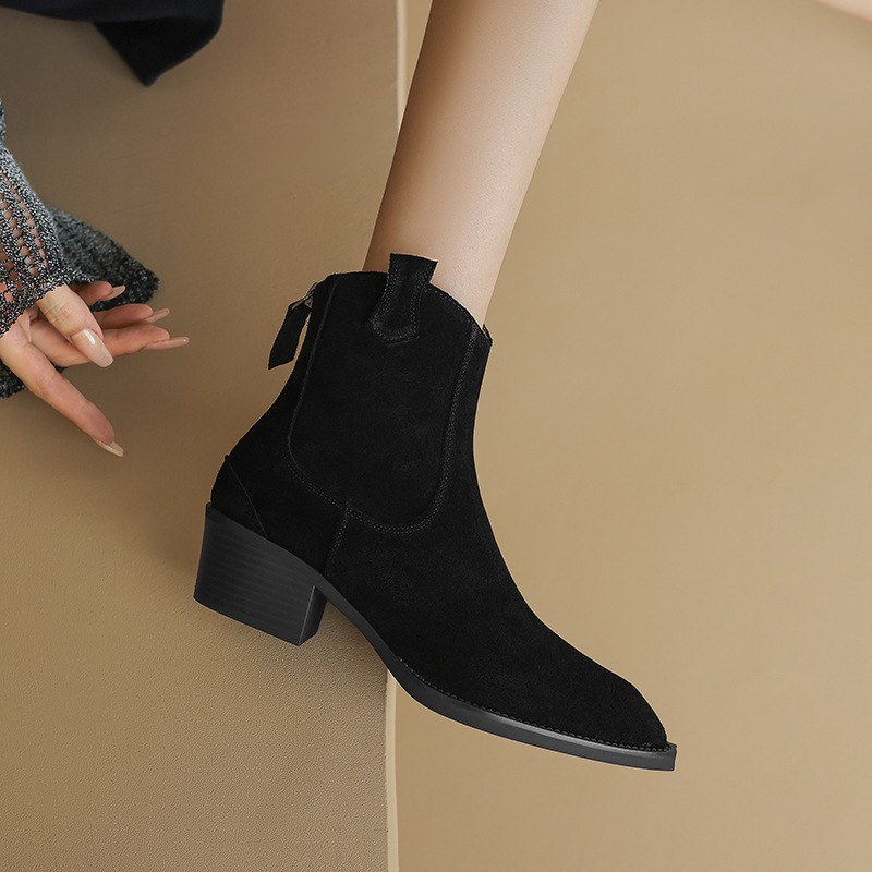 Pointed Toe Chunky Heel Back Zip Short Boots Women's - Image 4